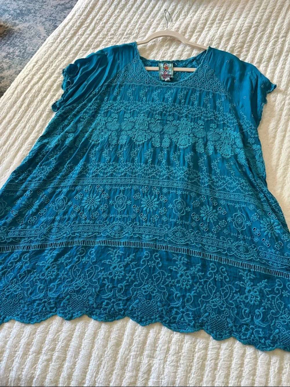 Johnny Was Teal Embroidered Short-Sleeve Tunic - Picture 7 of 7